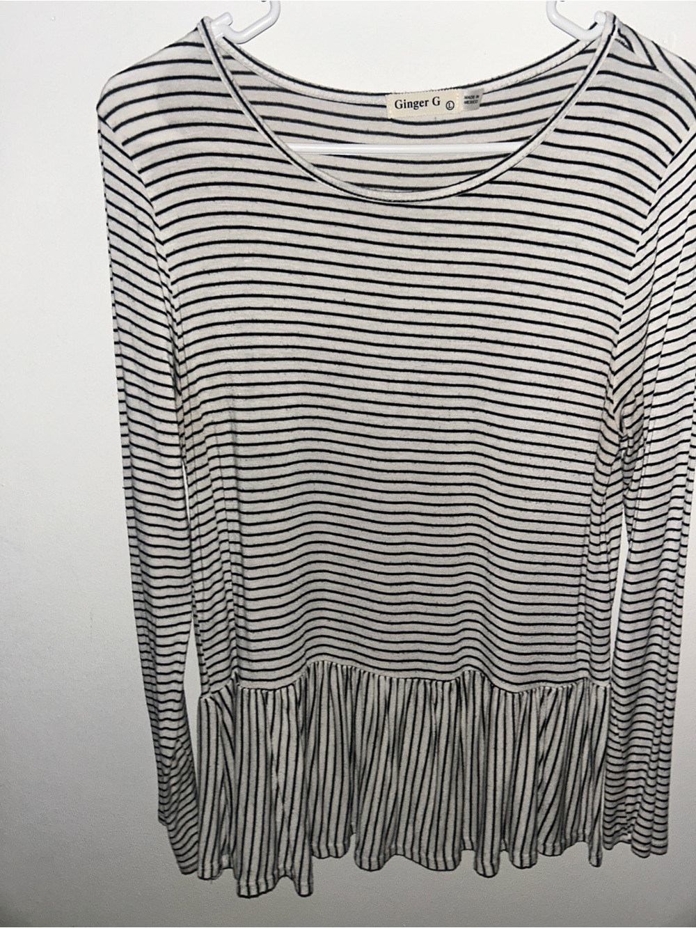 Ginger G Black and White Striped Long Sleeve Peplum Top